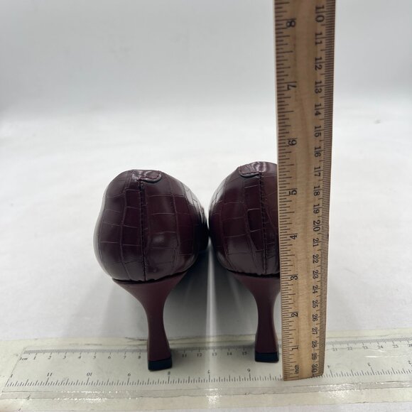 FOWT Brown Solid Croc-Embossed Pointed Toe Women Dressy Slip on MId Heels Pumps - Picture 5 of 8